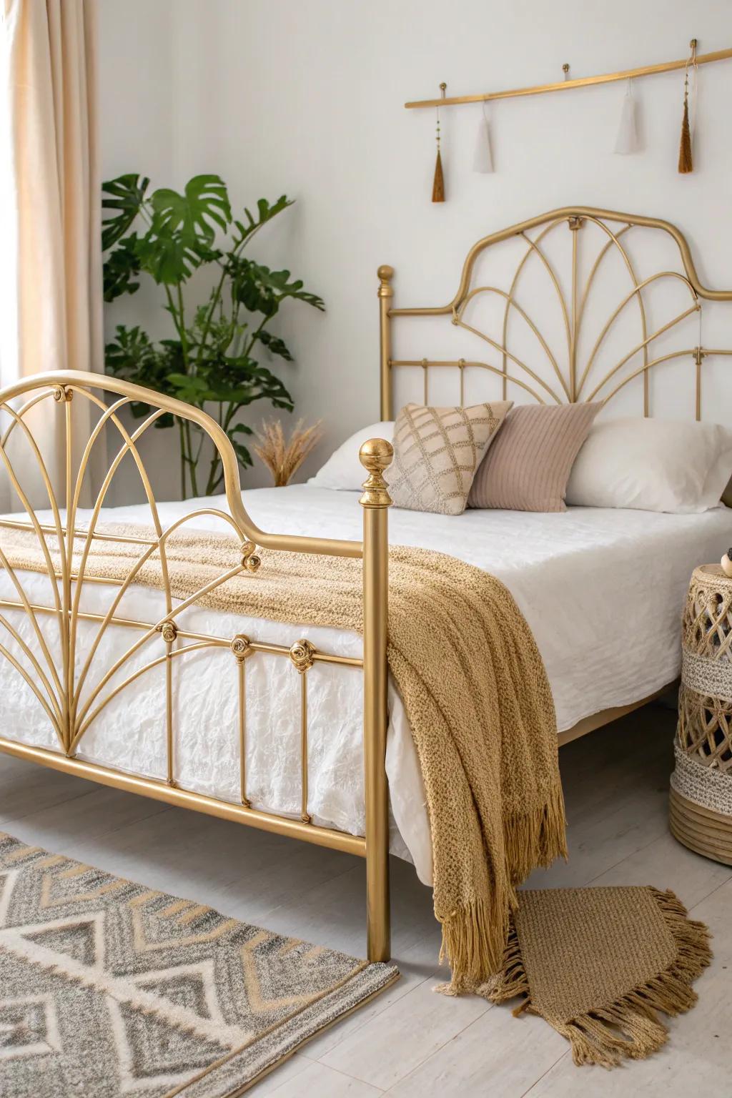 Transform your bedroom into an Art Deco haven with elegant geometric designs on a minimalist metal bed frame.