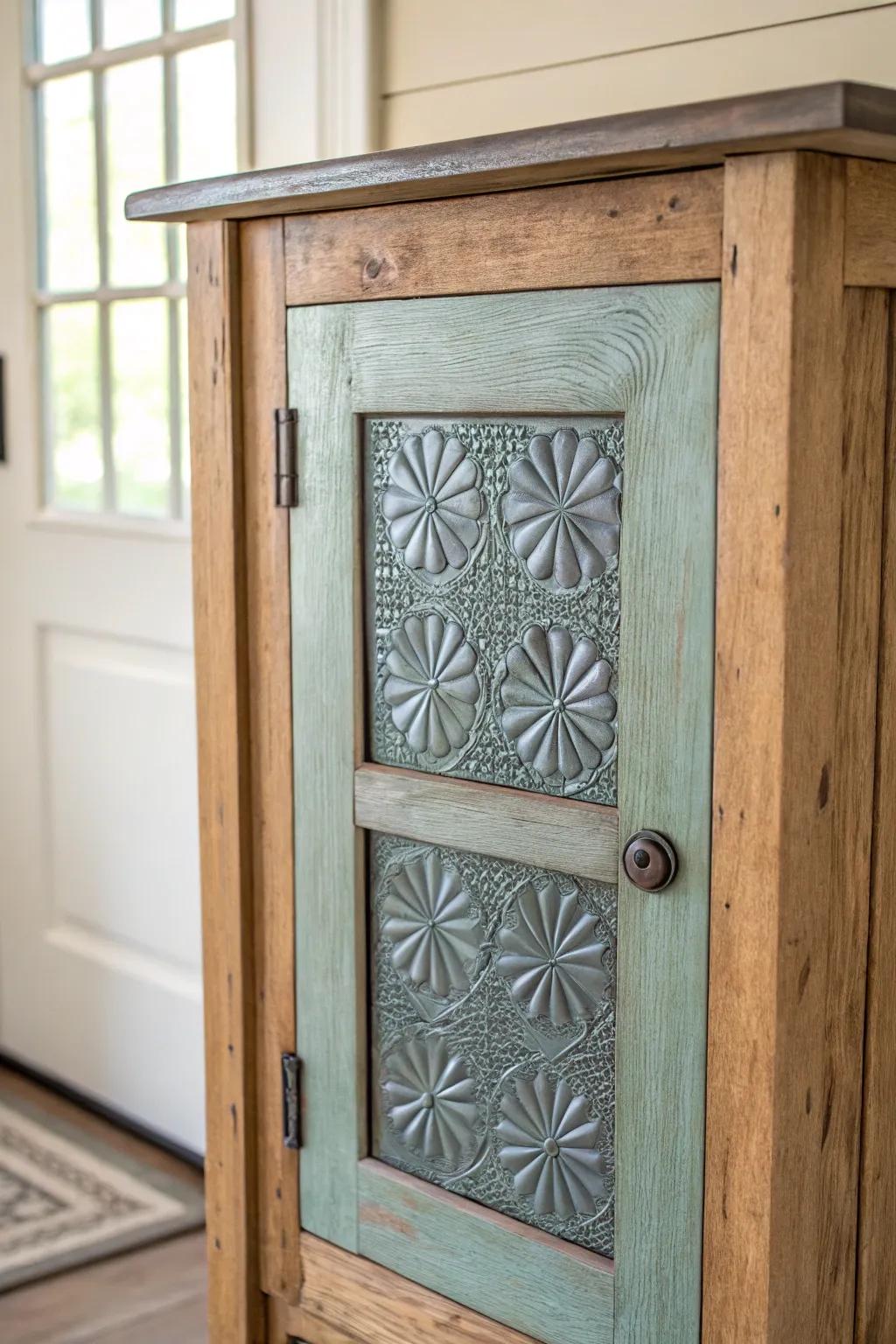 Faux patina tin panels give a pie safe an aged pewter look—calm, matte, and timeless.
