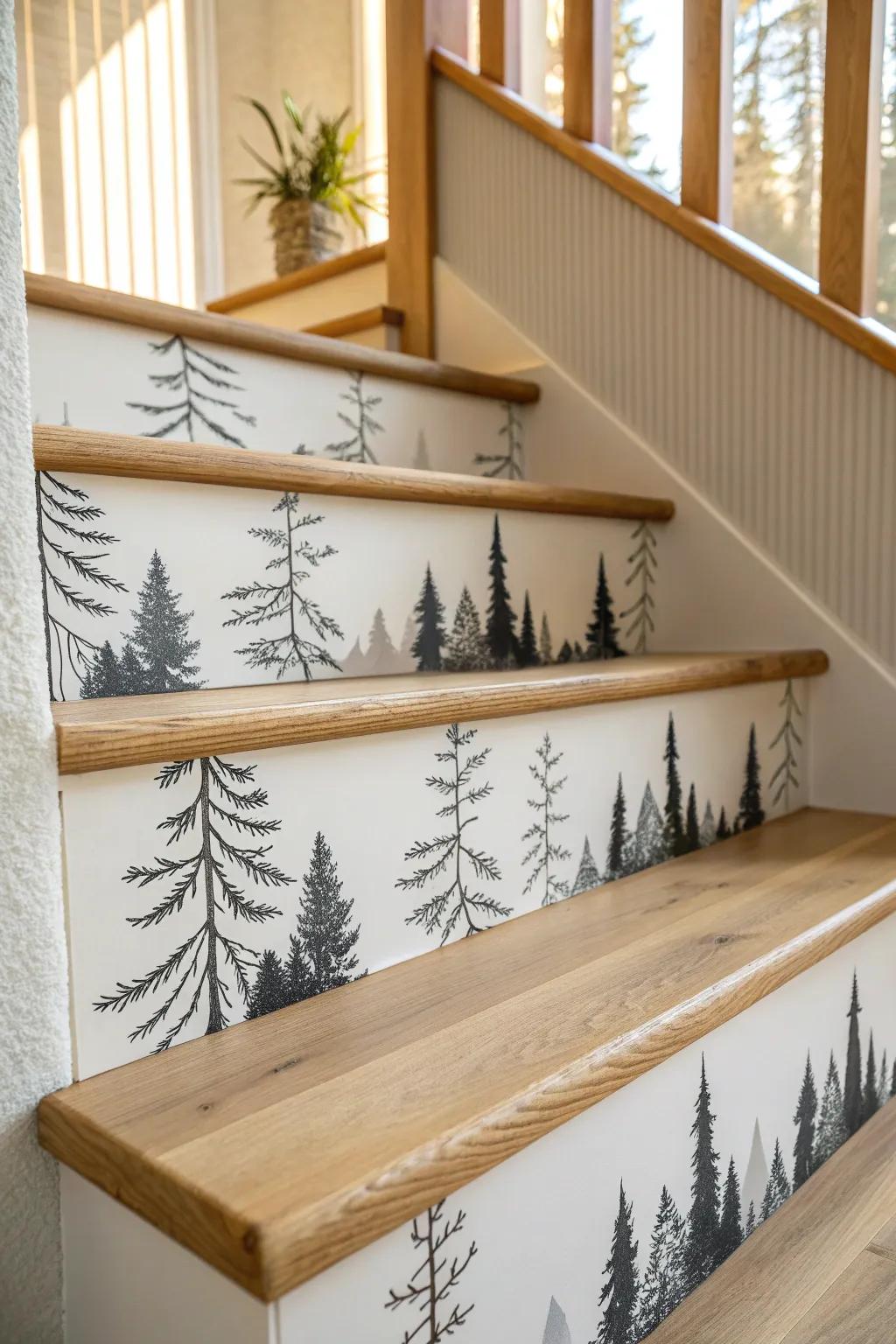 A minimalist forest silhouette across stair risers turns every step into one calm scene.