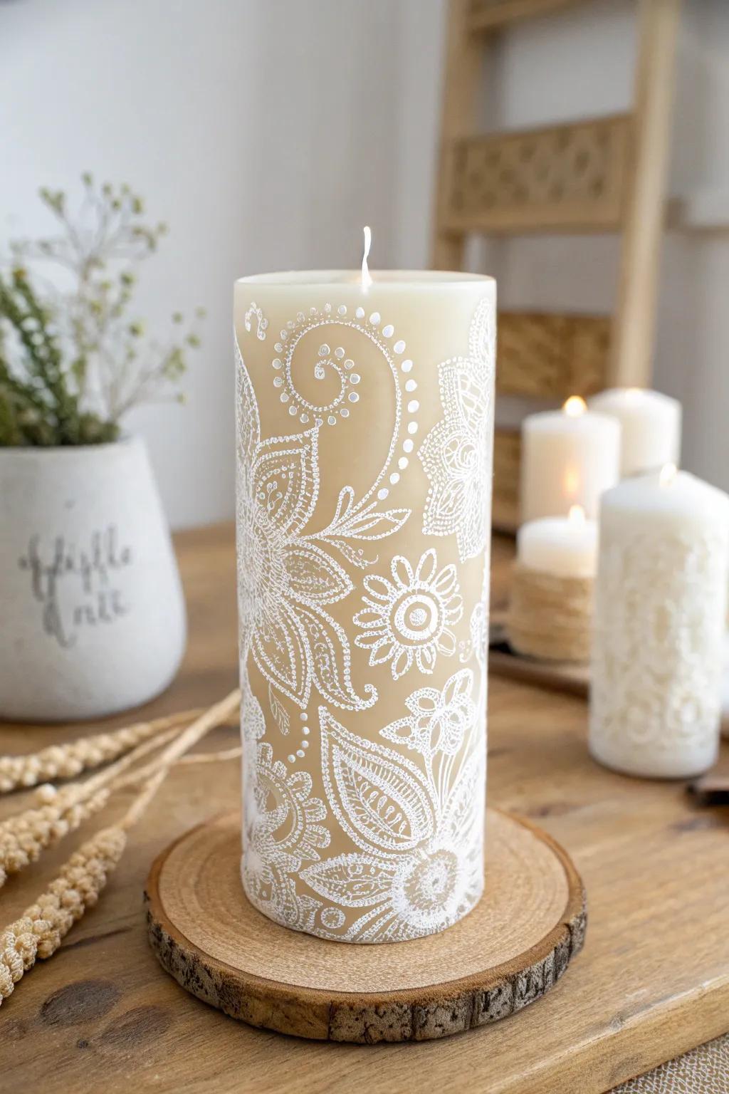 Illuminate your space with vintage elegance—lace-inspired candle art for a timeless touch.
