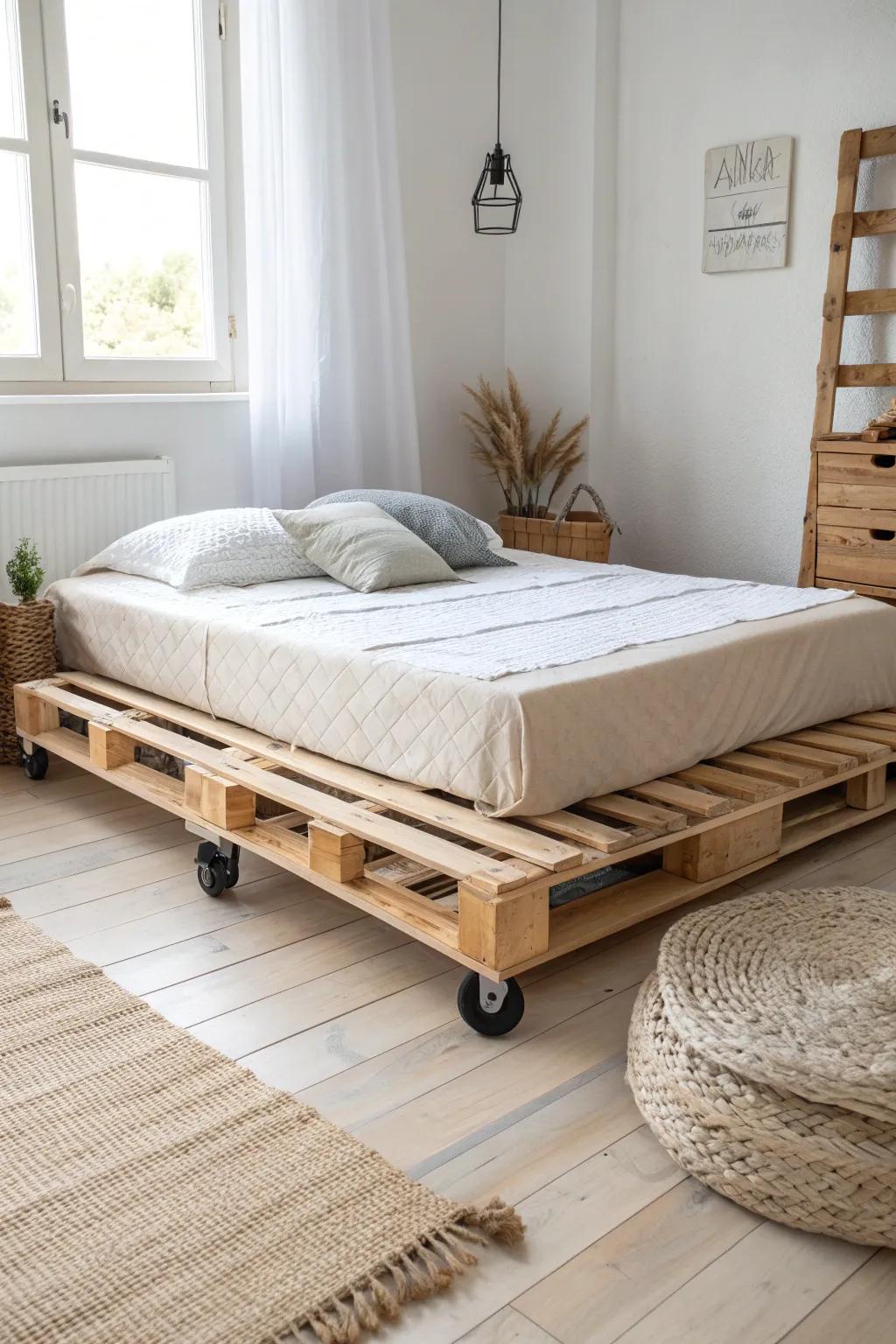 A handcrafted pallet bed on locking casters—minimal, airy, and easy to roll for cleaning.
