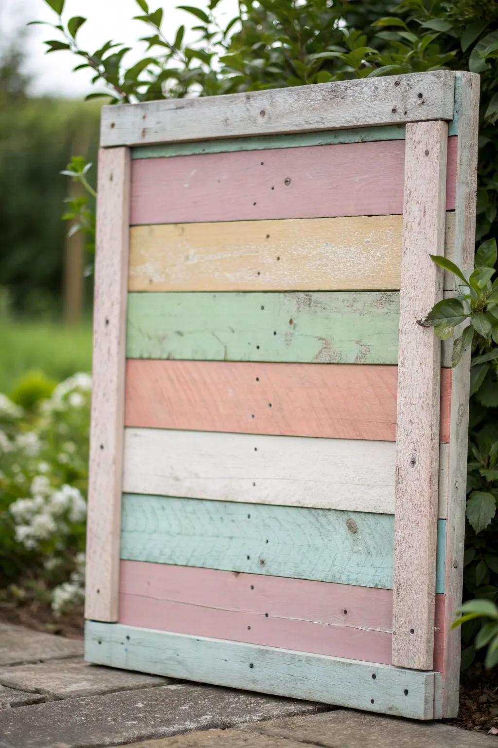 Soft pastel rainbow on a weathered pallet fence—rustic, happy color with handmade charm.