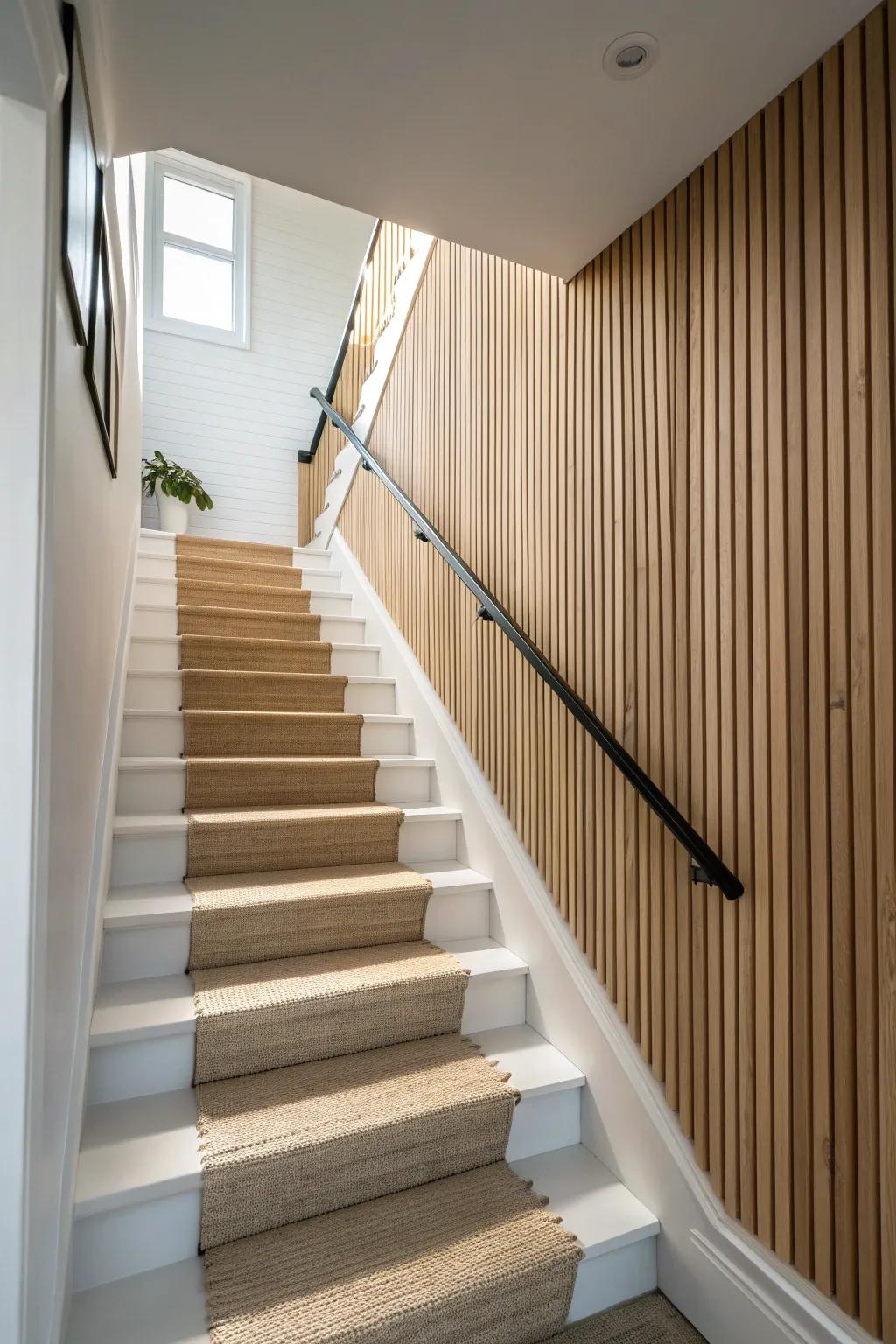 Light oak slat paneling up the stairwell turns a basement transition into a calm, custom feature.