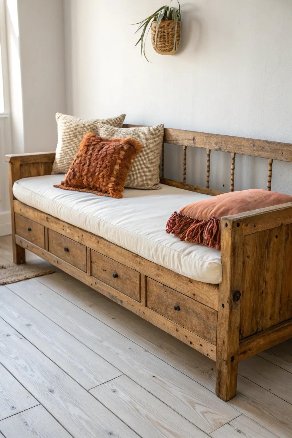 Upcycled daybed bench seating—salvaged wood + a thick linen cushion for effortless party comfort.