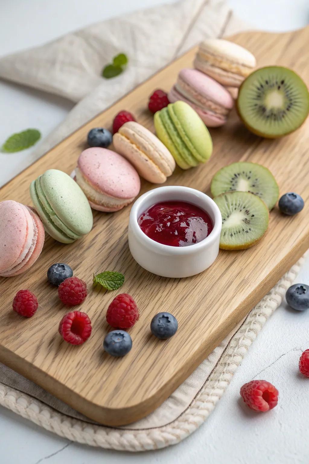 Spring pastel pastry board on handmade oak—berries, kiwi, and a bold berry sauce pop.
