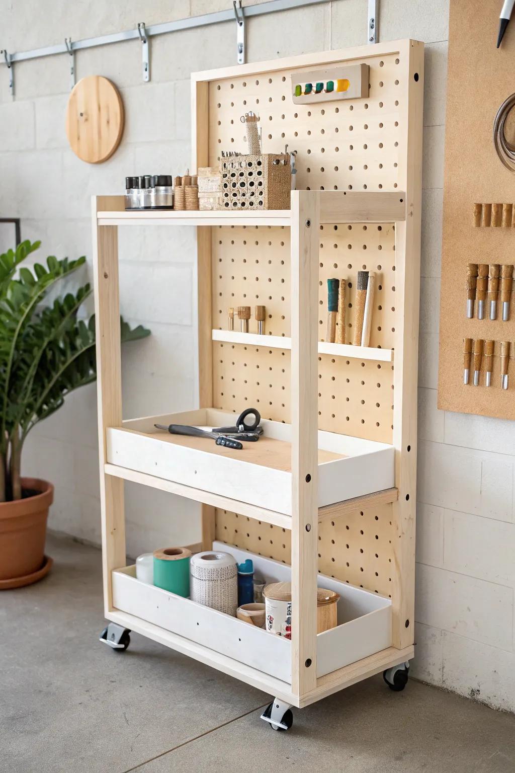 Rollable pegboard cart: a chic mobile tool wall that shifts from paint day to woodworking day.