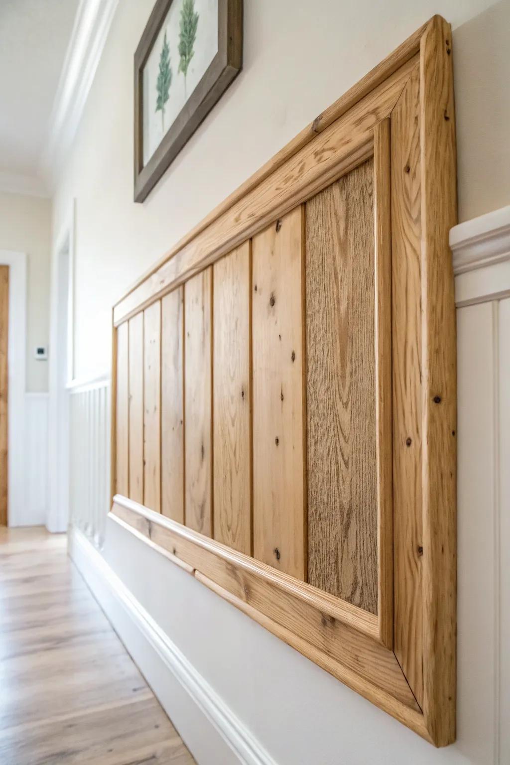 Reclaimed wood picture-frame wainscoting—soft white walls, warm grain, timeless rustic charm.