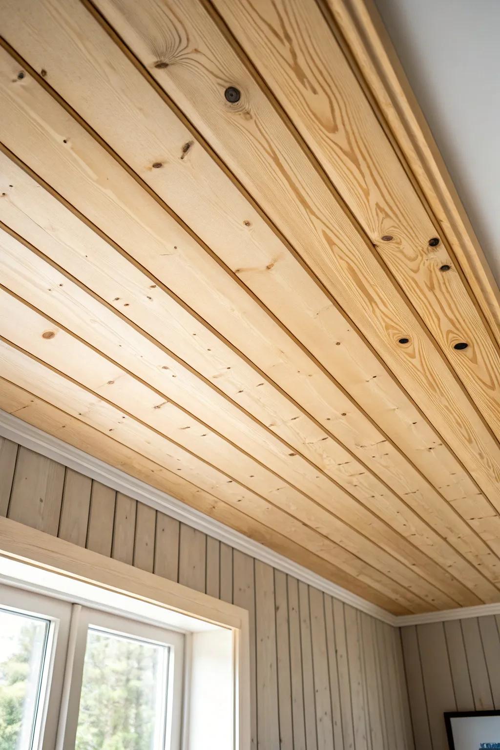 Cozy cottage texture: board-and-batten pine ceiling with slim battens for seamless charm.