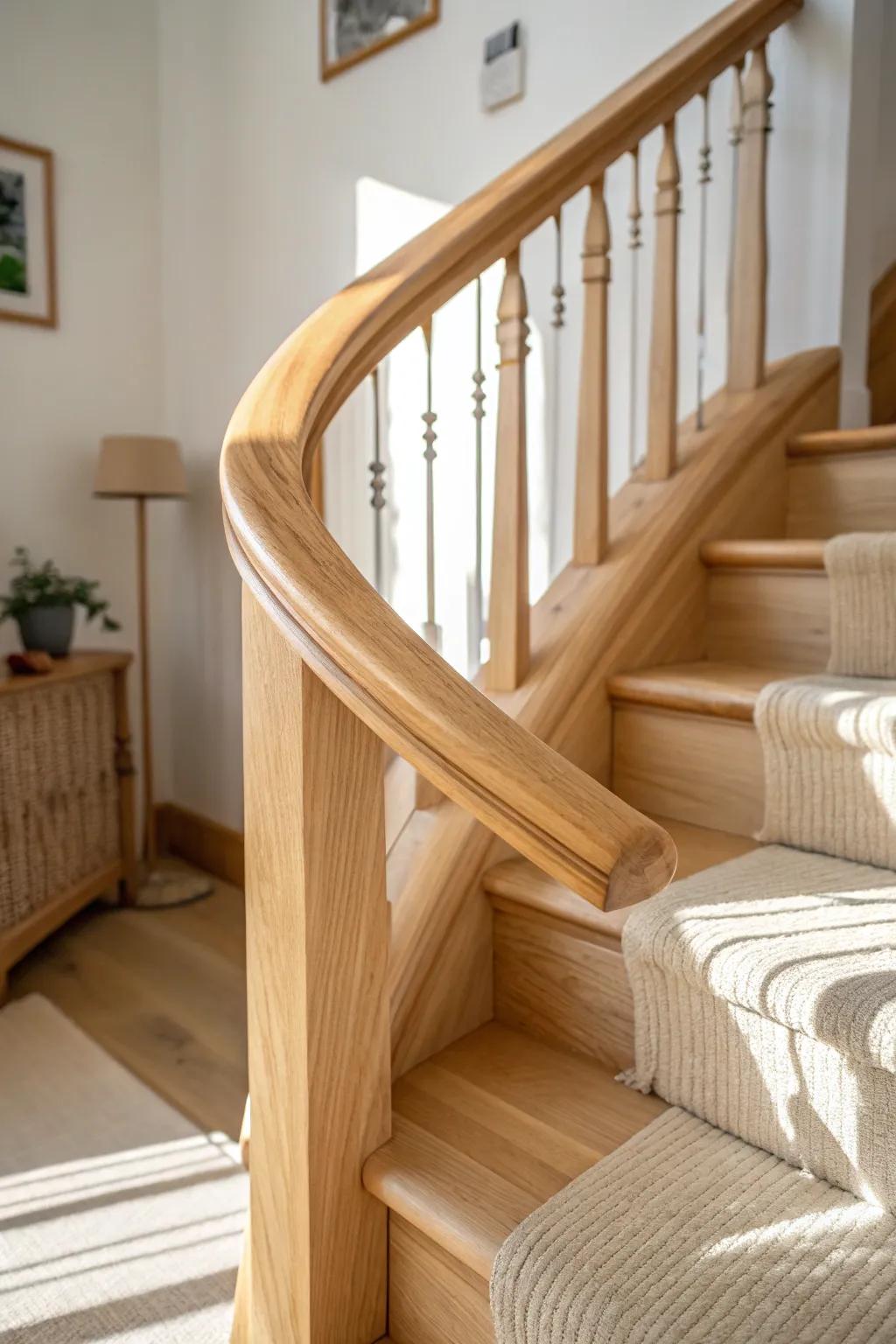 Soft-curve pine handrail detail—simple sanding upgrades your staircase to high-end.