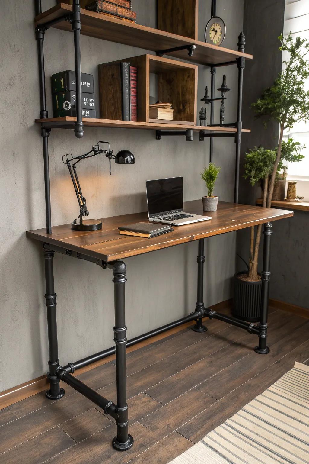 Transform your small space with this stylish and functional pipe desk setup.