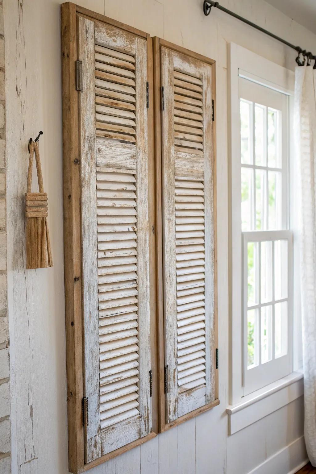 Reclaimed plantation shutters turned wall art—chippy paint, warm grain, and rustic texture.
