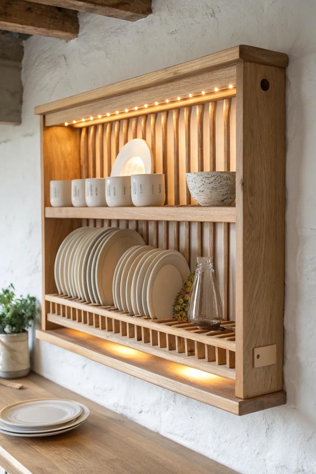 Warm built-in lighting turns a simple oak plate rack into an elegant evening wall feature.