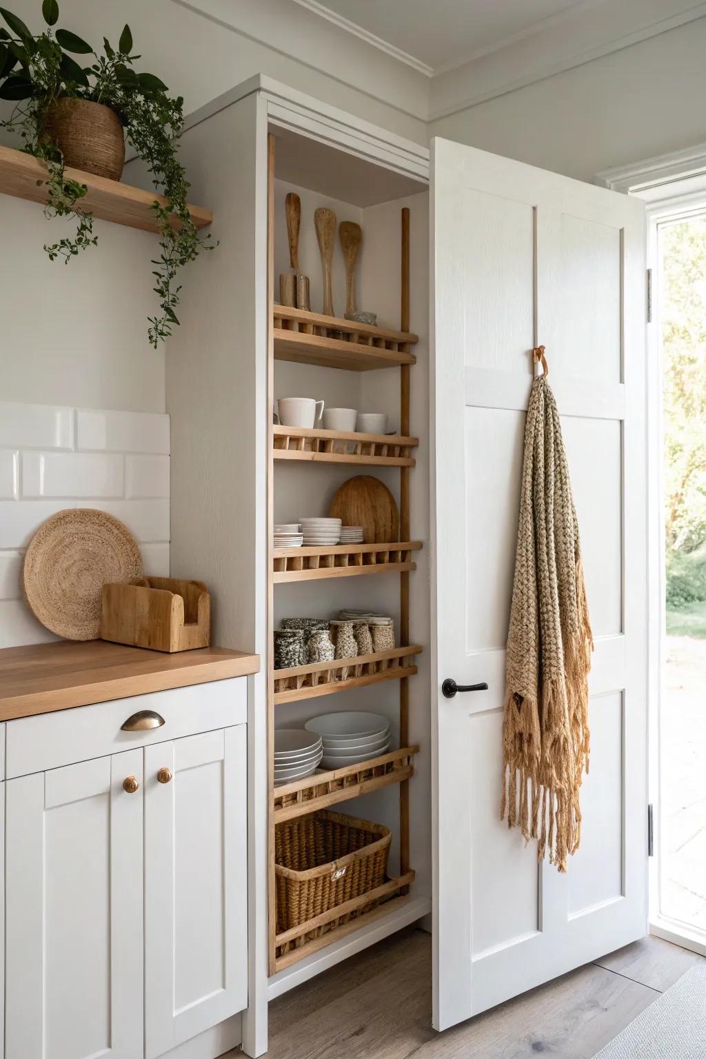 A slim oak plate rail on a pantry door keeps everyday plates tidy, beautiful, and within reach.
