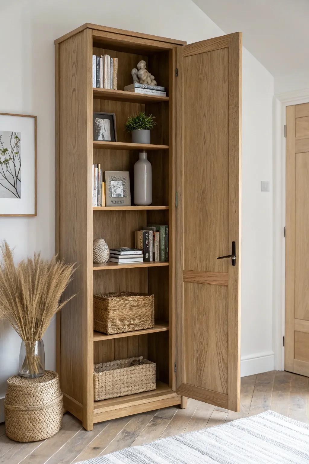 A minimalist oak bookshelf door that quietly pivots open—secret room vibes, Scandinavian calm.