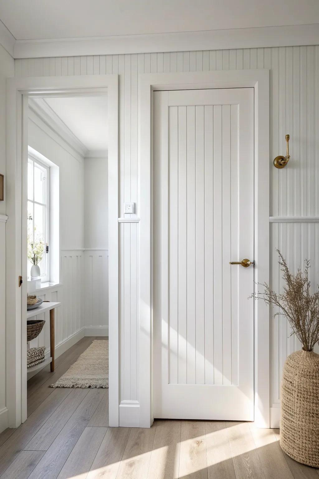 A beadboard-matched pocket door that blends in seamlessly—clean lines, custom craftsmanship.