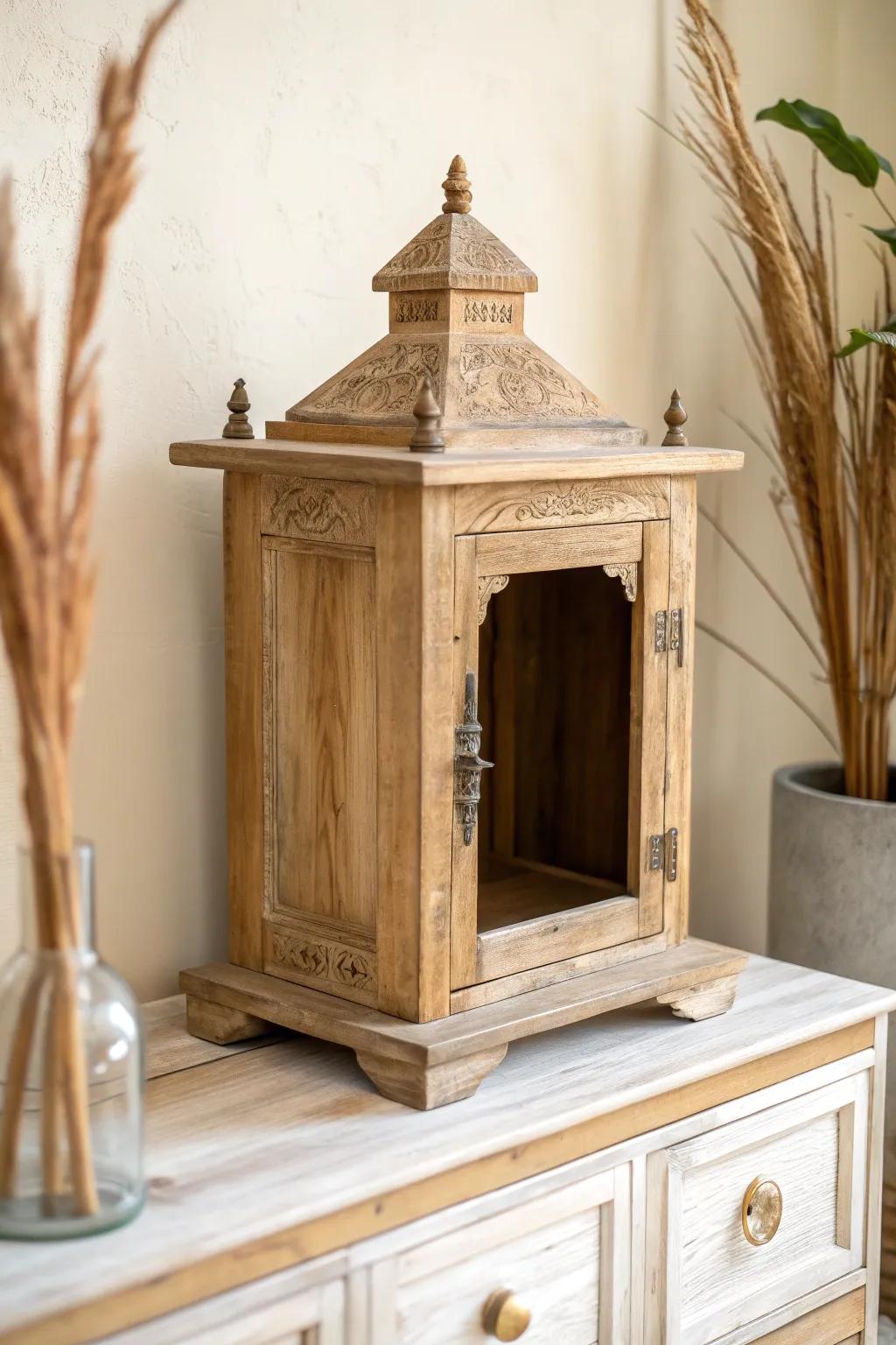 Reclaimed wood pooja mandir elevated with a slim brass inlay for rustic-meets-refined charm.