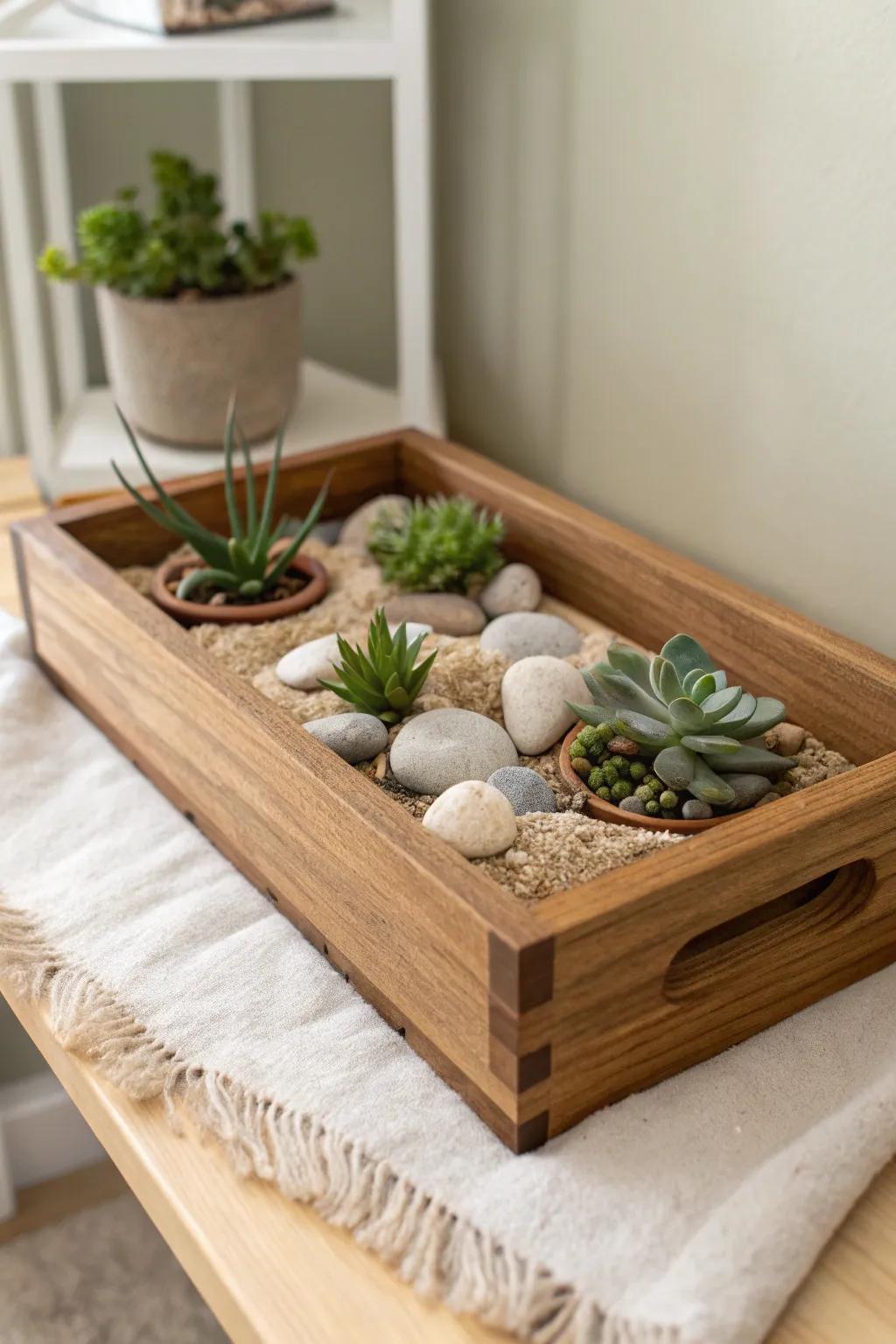A tiny wooden garden tray beside your pooja shelf—calm, green, and beautifully simple.