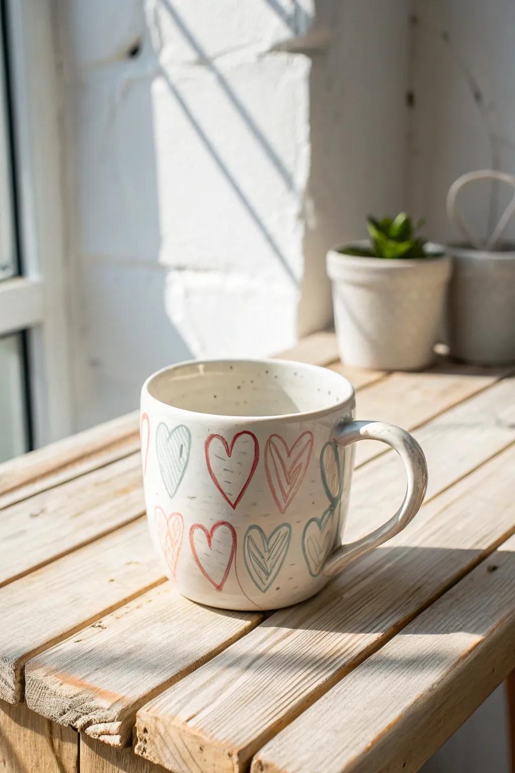 Embrace romance with minimalist heart motifs on handcrafted pottery.