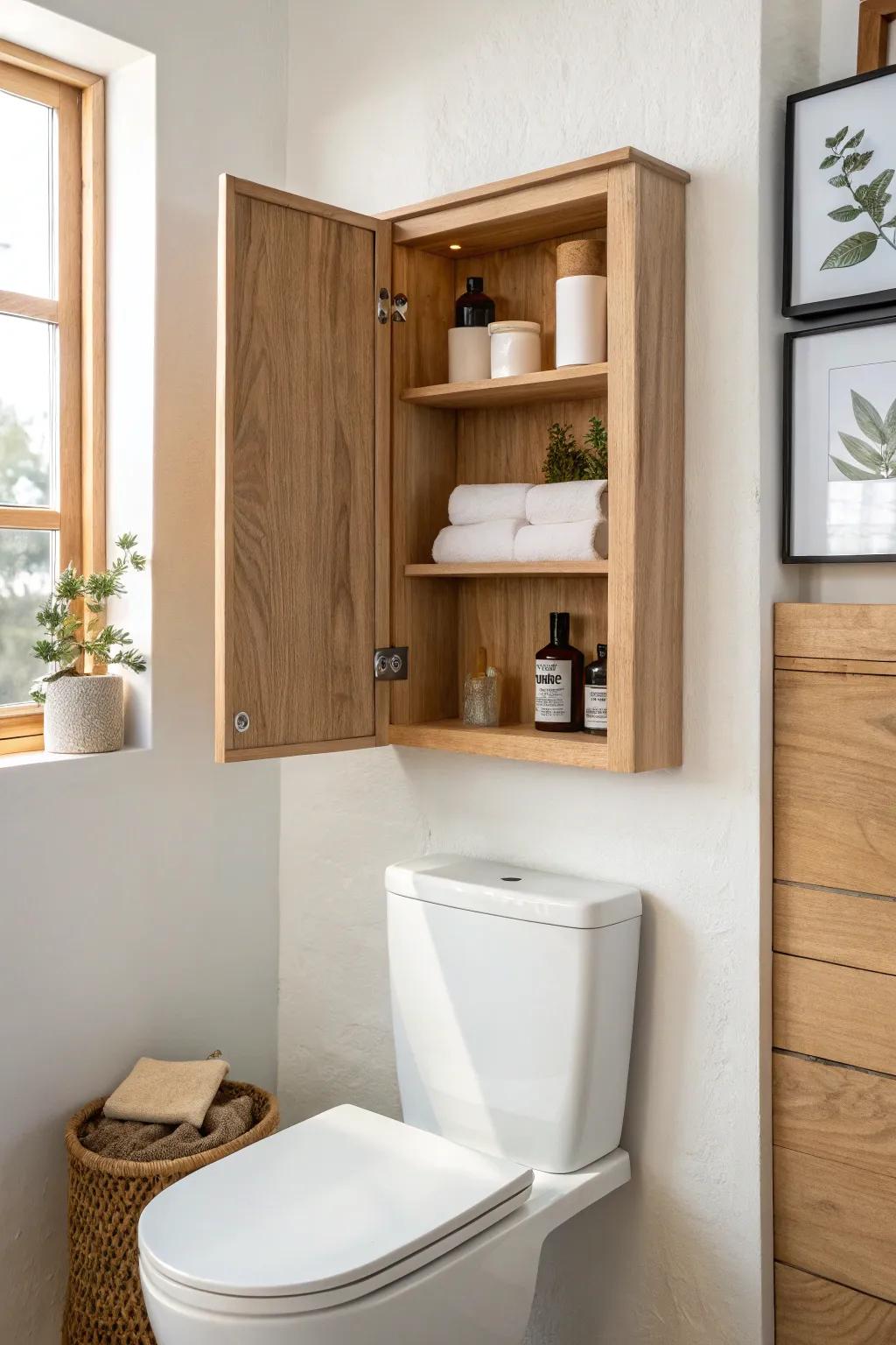 A swing-out art panel hides a slim wood cabinet—clean, clever storage above the toilet.