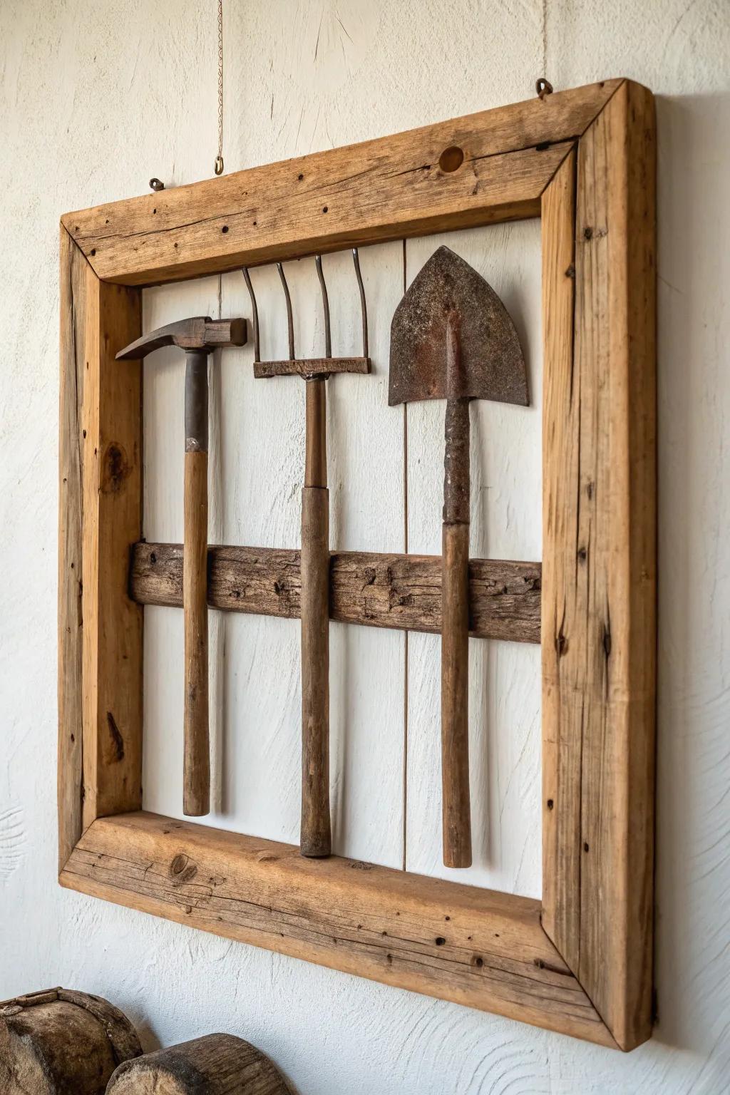 Rusty tool heads in a clean grid—framed in chunky reclaimed wood for primitive charm.