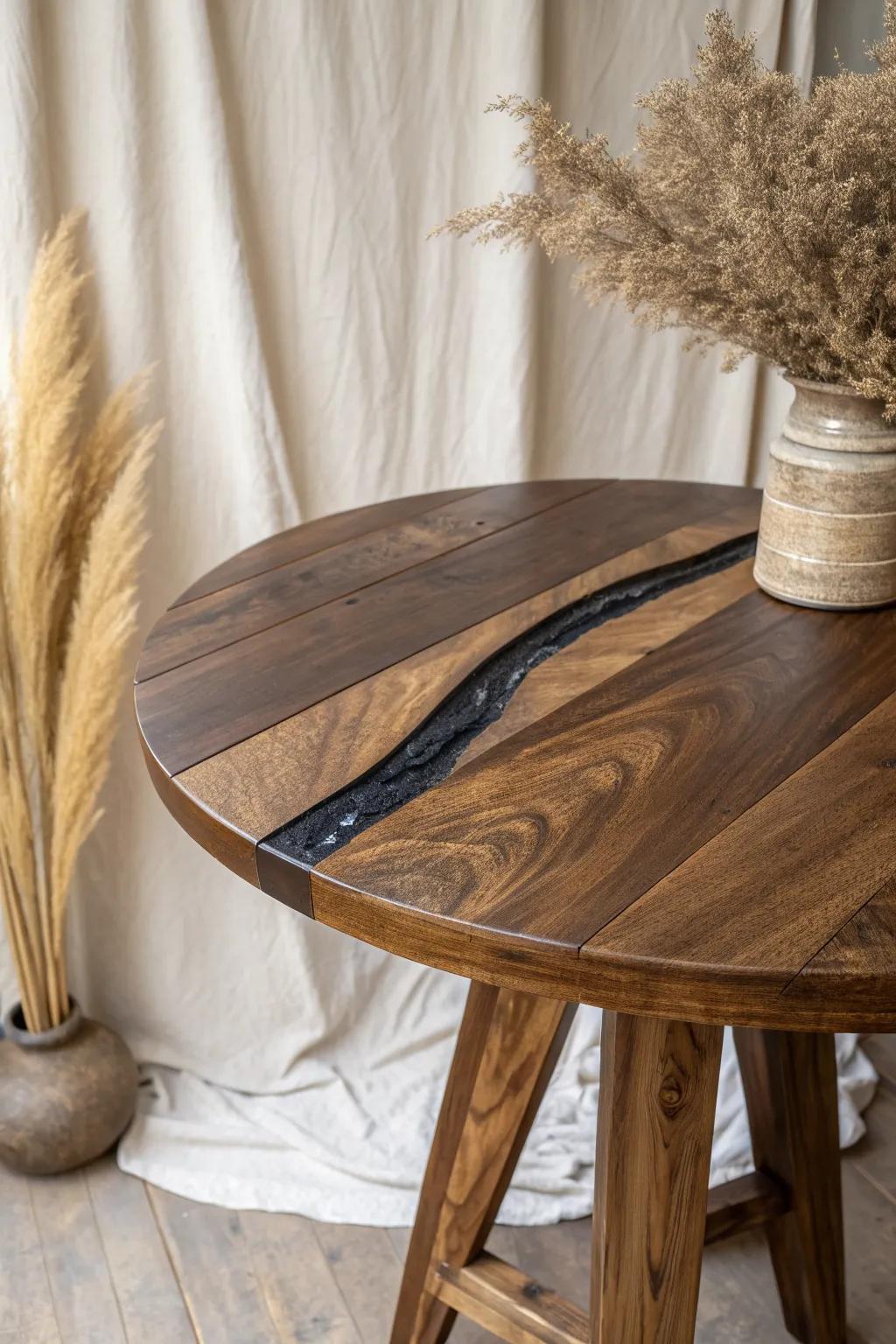 Dark walnut pub tabletop with a smoky resin inlay—minimal, warm-lit, and quietly wow-worthy.