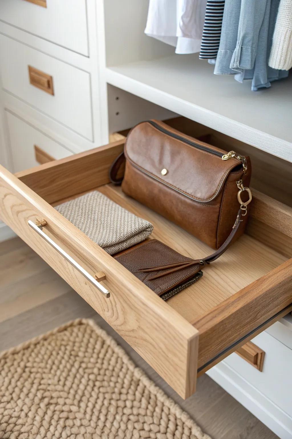 Pull-out tray purse shelf: sleek handcrafted storage that brings every bag within easy reach.