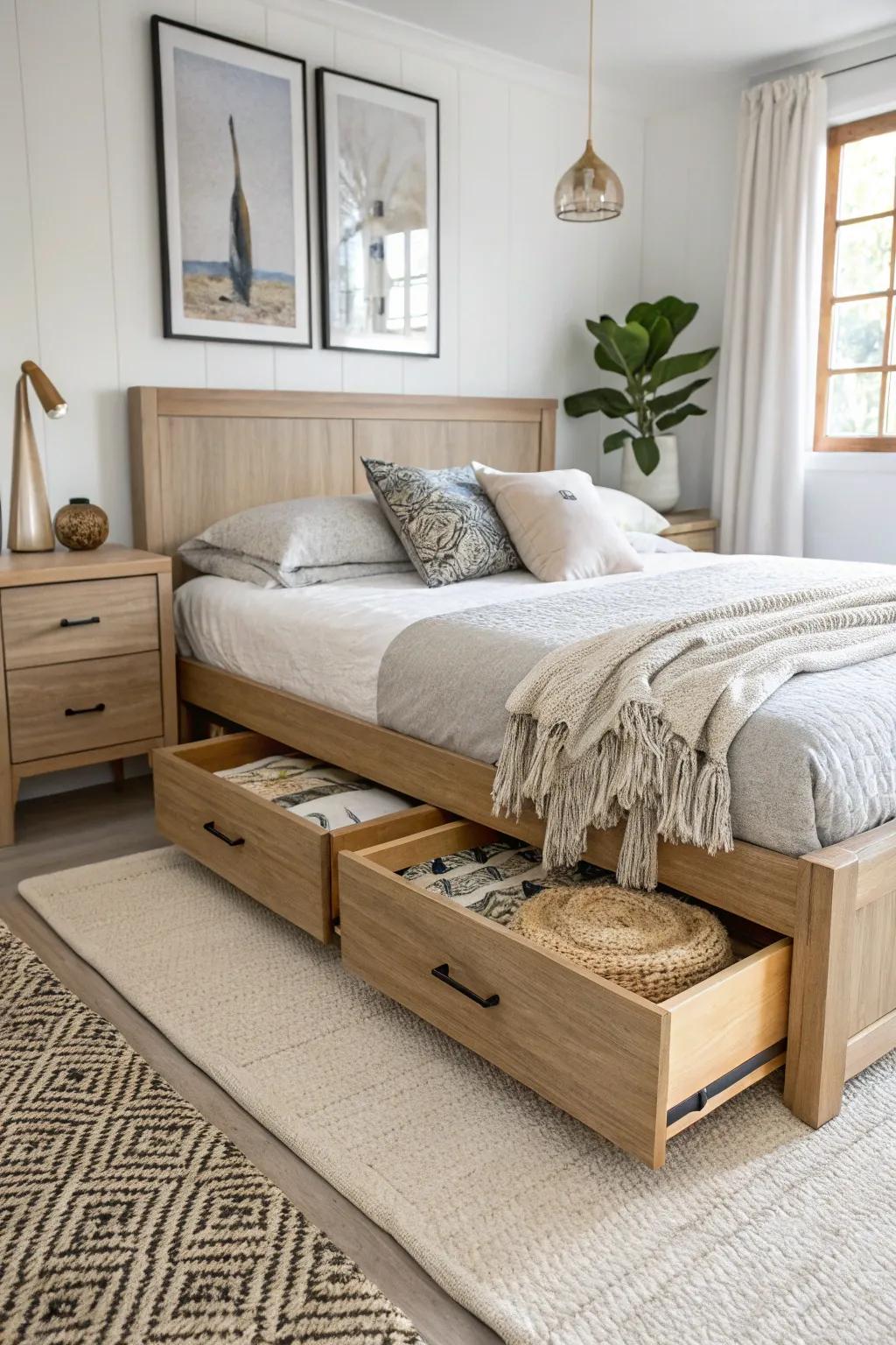 A queen bed frame with a built-in pet den cubby—tidy drawers and cozy comfort in one.