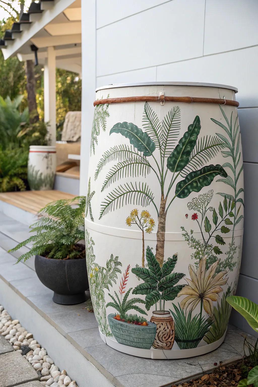 Transform your garden with this serene botanical masterpiece 🌿✨ #RainBarrelArt #BotanicalBliss