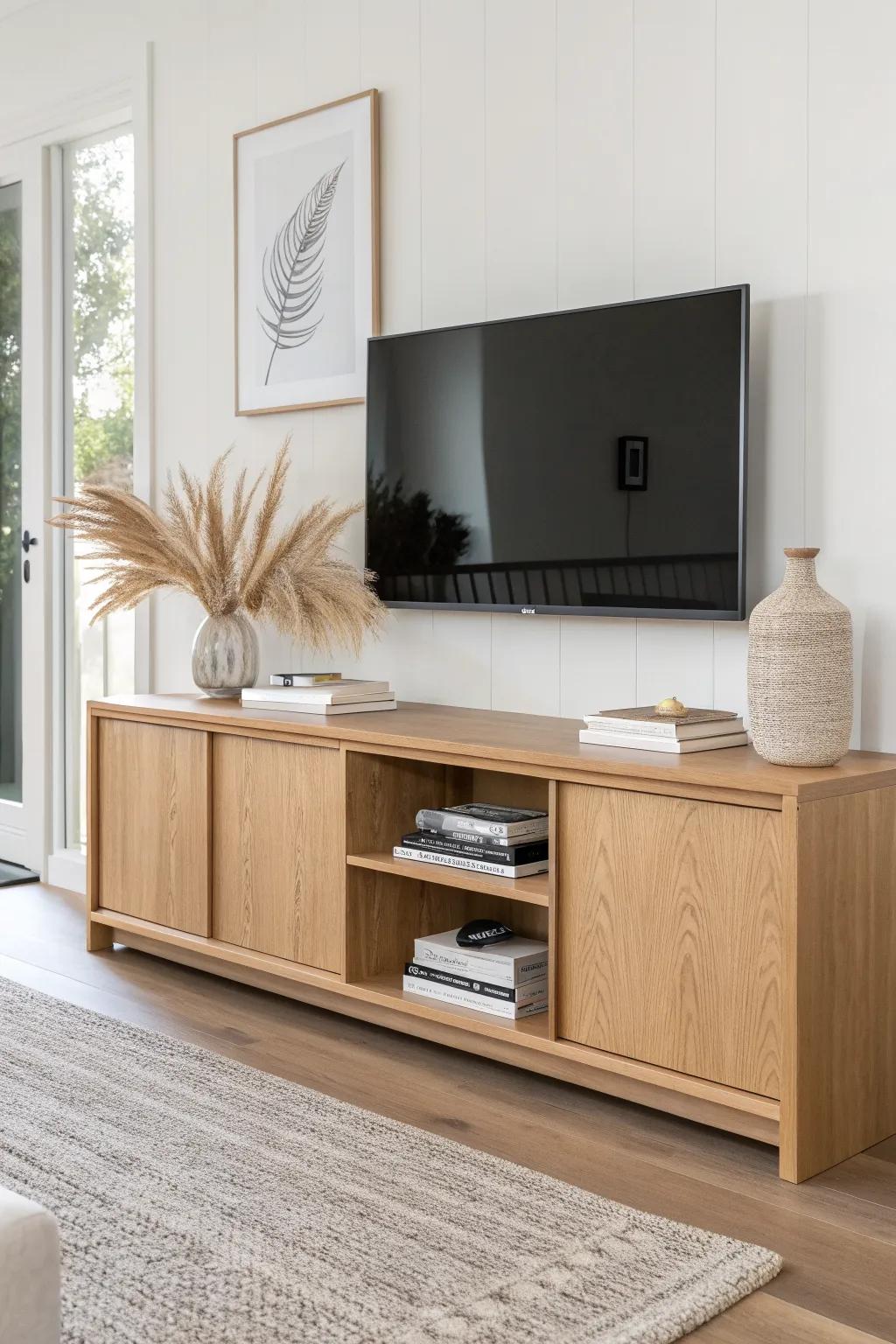Low, long built-ins in natural oak keep ranch lines calm, custom, and beautifully streamlined.