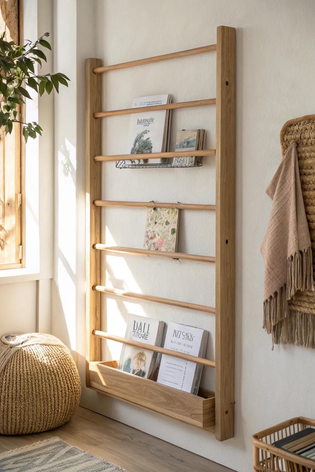 A rotating cover book wall in light oak—kid-friendly, calm, and beautiful like art.