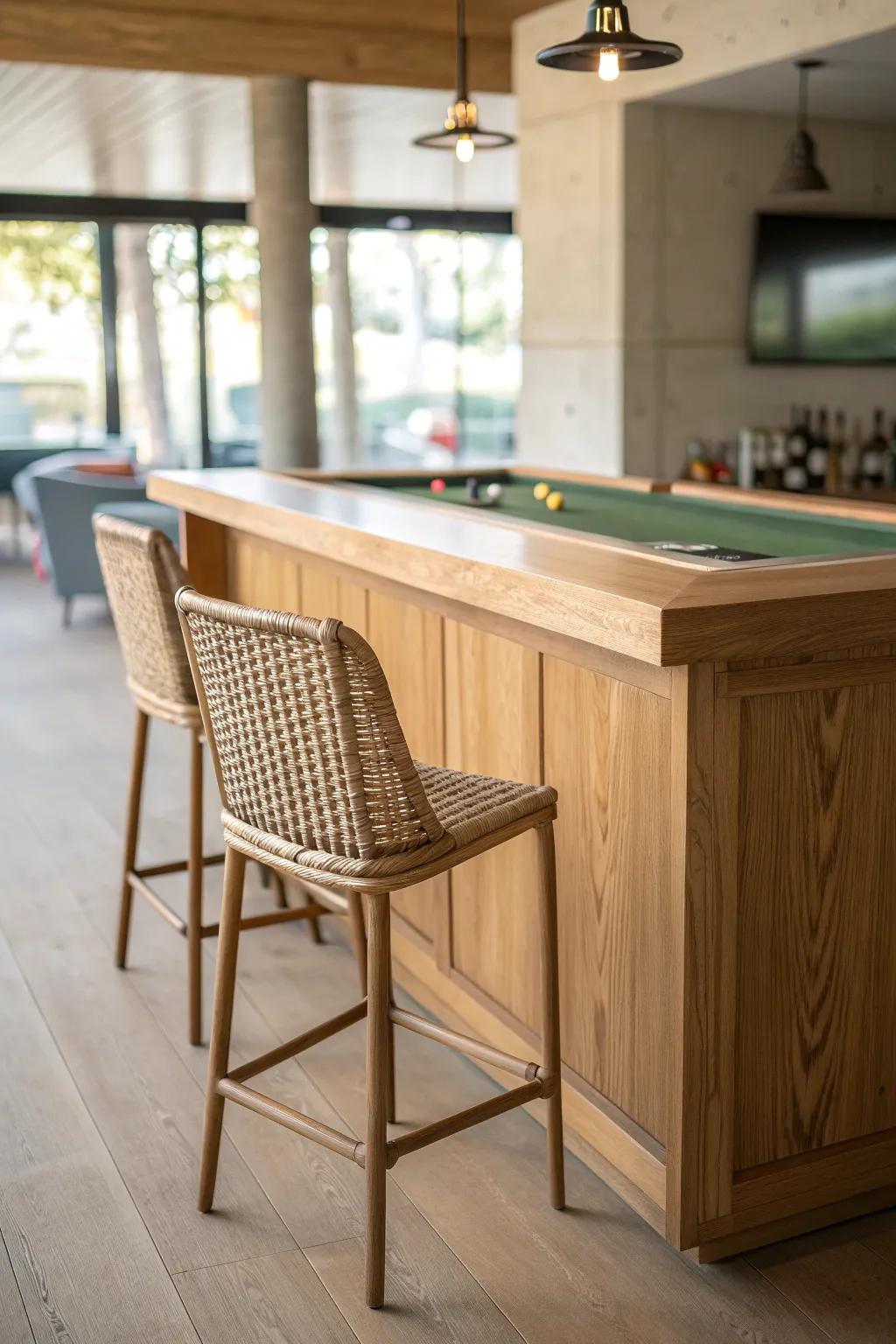 A light oak pass-through bar counter aimed at the game zone—stay social while serving.