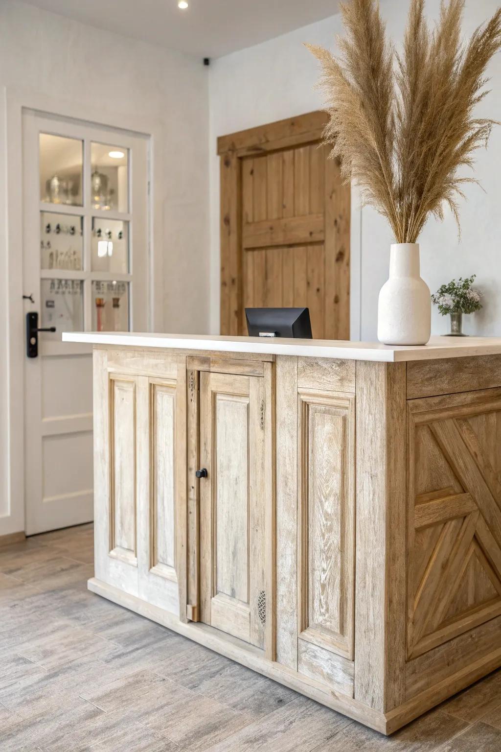 Reclaimed door panels turn a simple reception desk into a warm, boutique-style statement.