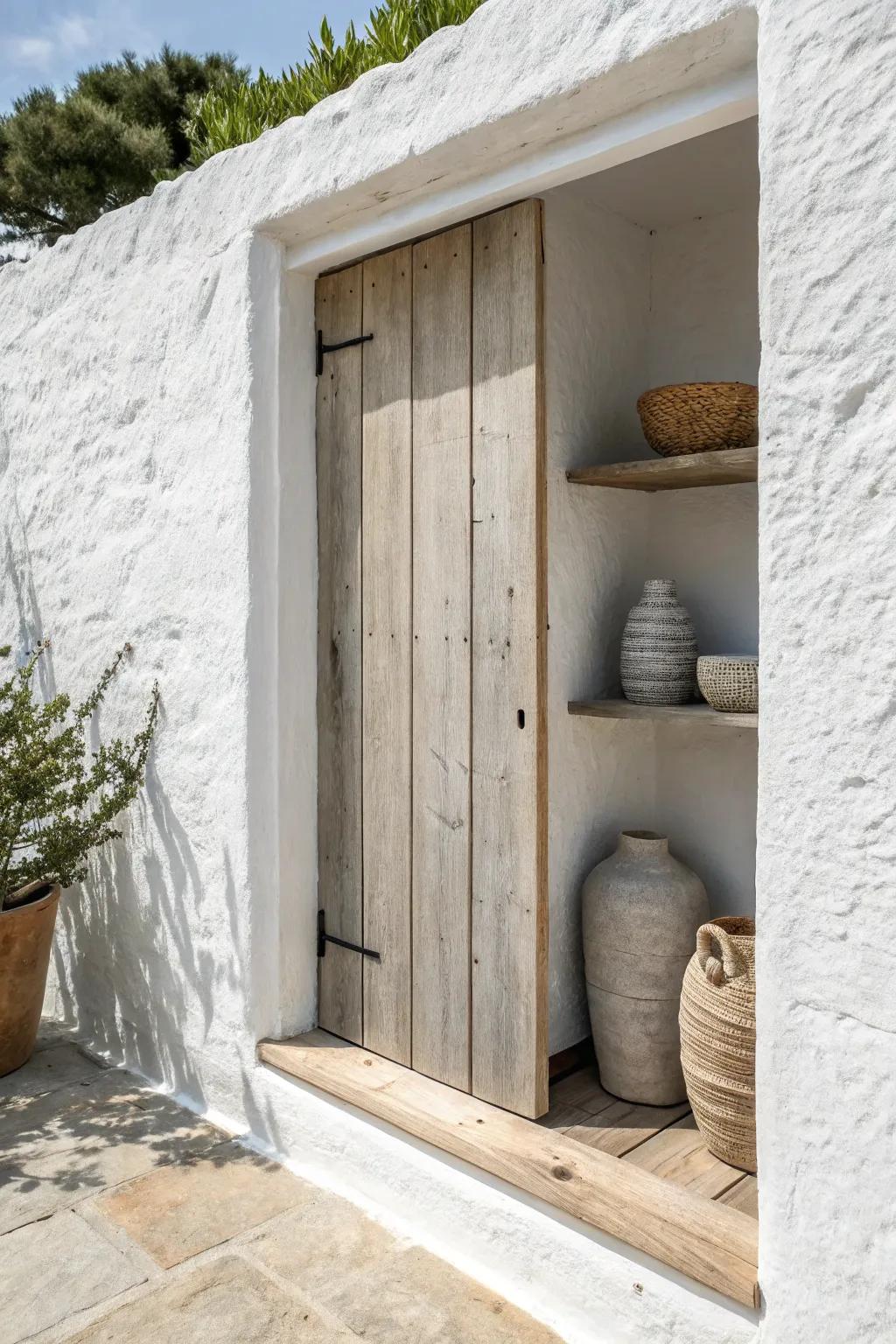 A recessed niche with a sliding wood door—display when open, clean hidden storage when closed.
