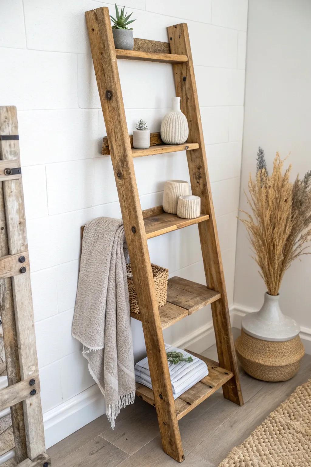 Lean-in reclaimed wood ladder shelf: rustic texture, smooth edges, and effortless styled storage.