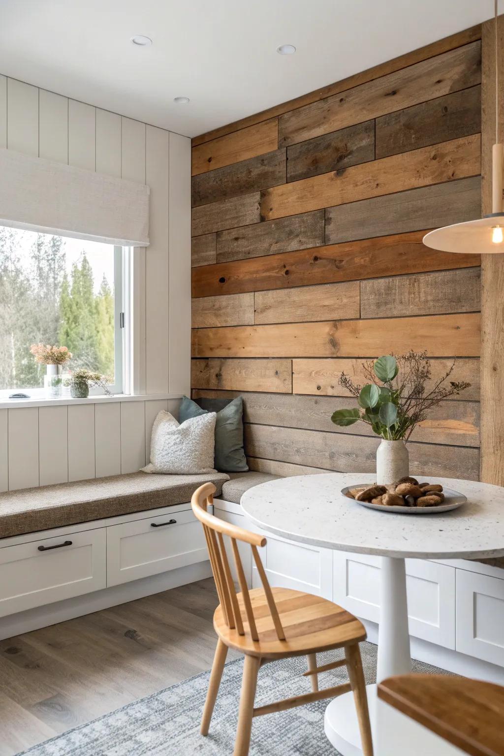 A reclaimed wood nook wall turns a tiny breakfast corner into a cozy café retreat.