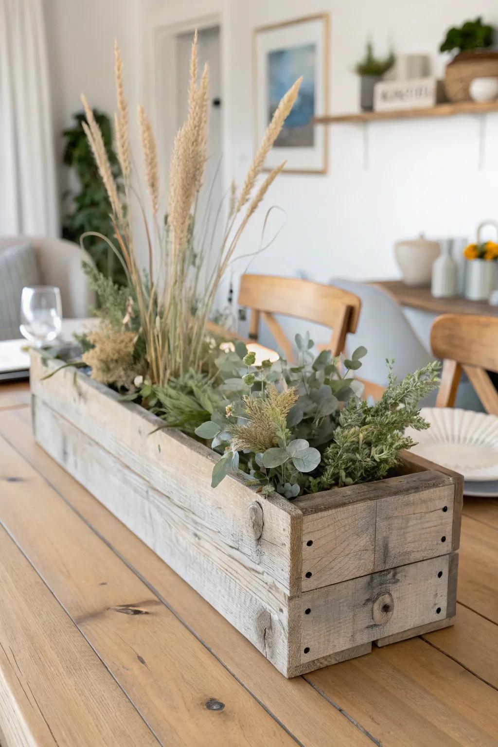 A reclaimed wood planter box adds warm, swap-friendly style to a rectangular dining table.