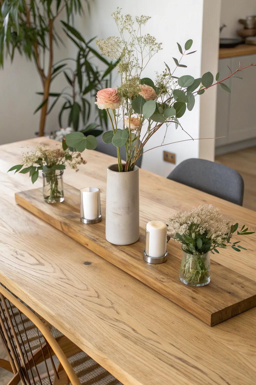 Magnetic oak plank centerpiece—swap bud vases in seconds for a fresh, clean table look.