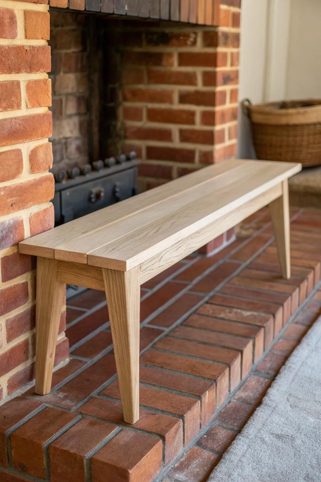 A slim DIY wood hearth bench makes a red brick fireplace feel lounge-worthy and architectural.