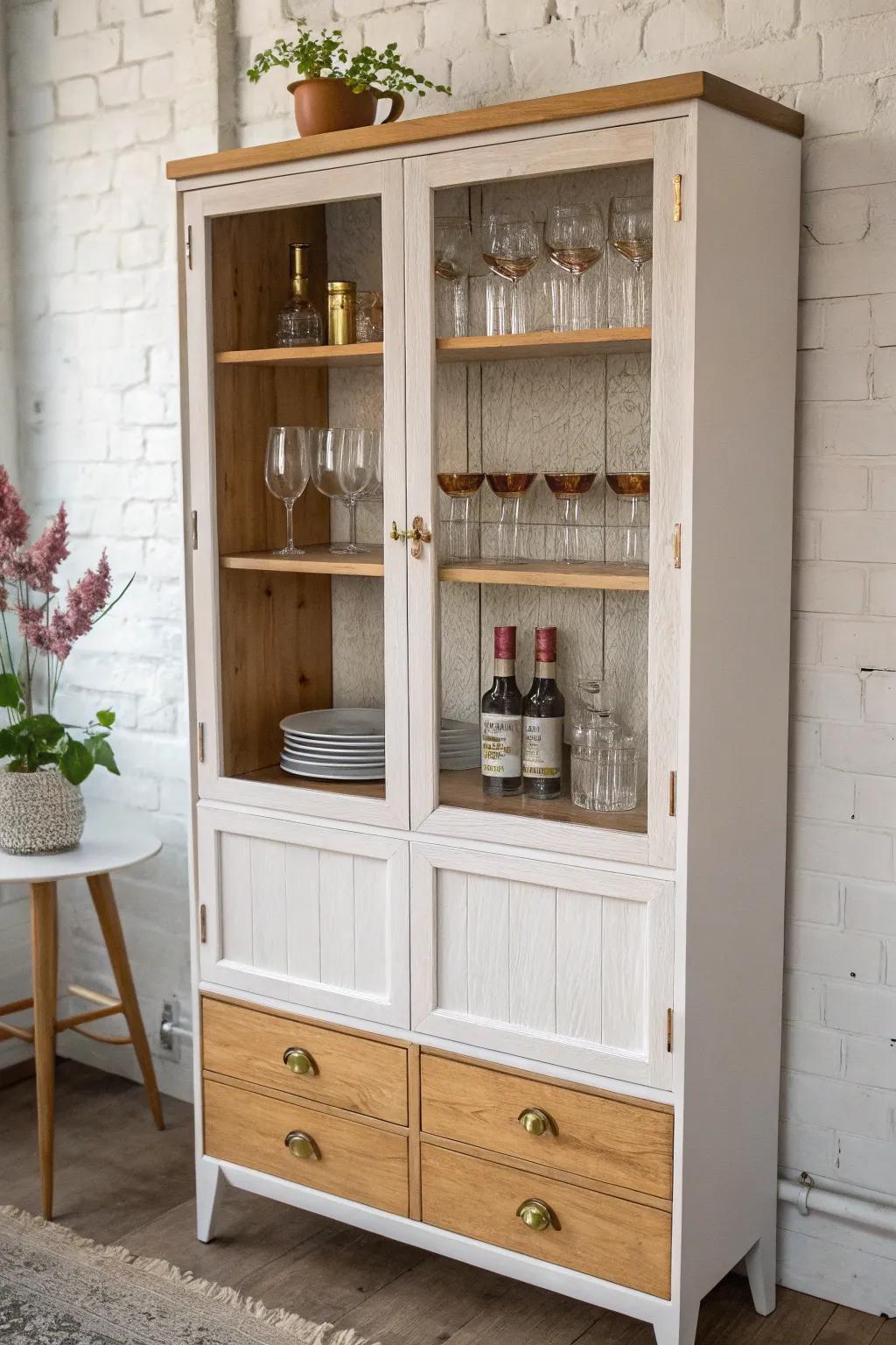 Turn a china cabinet into a chic bar—glass doors, stemware rack, and warm wood glow.