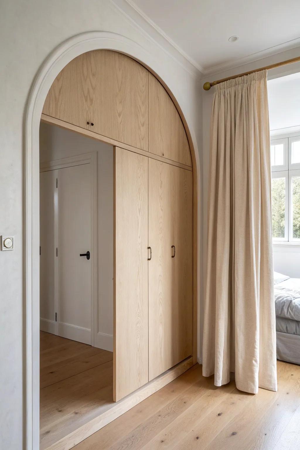 A doorless arched closet opening adds instant charm—smooth plywood curves, soft light, clean lines.
