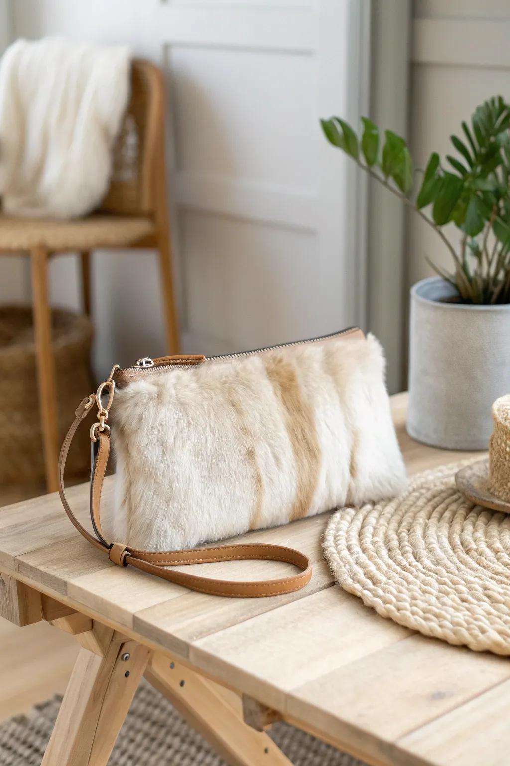 Elevate your evening look with this chic repurposed fur clutch, where sustainability meets style.