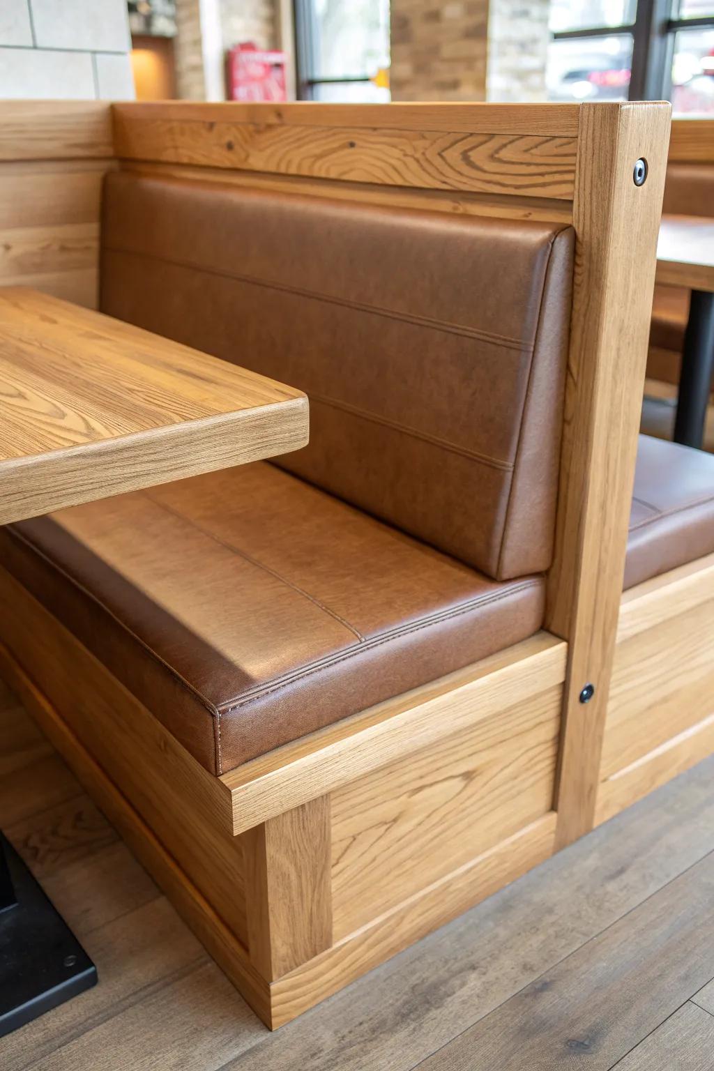 Crumb strip + snug wood cap: the small booth details that make deep-clean days effortless.