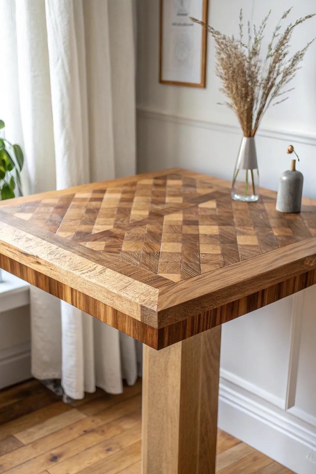 End-grain butcher-block tabletop: bold pattern, hides dings, and adds warm texture.