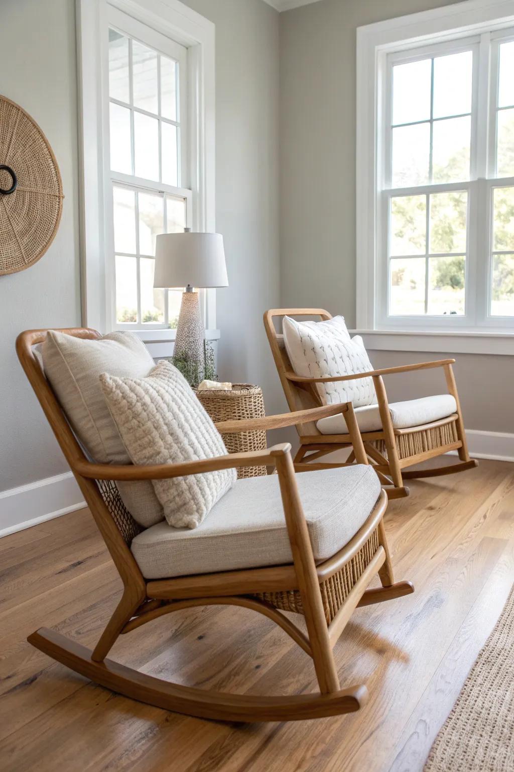 Two matching oak rockers side by side create calm symmetry and an inviting living room moment.