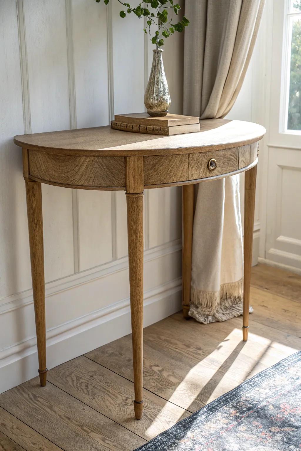 Half-round drop-leaf entry table: grand foyer vibes that folds flat for narrow hallways.