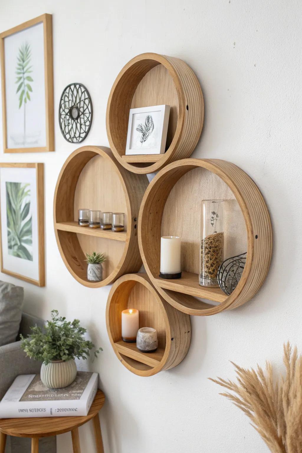 Nested mini round shelves in a soft gallery cluster—perfect for tiny treasures and warm wood tones.