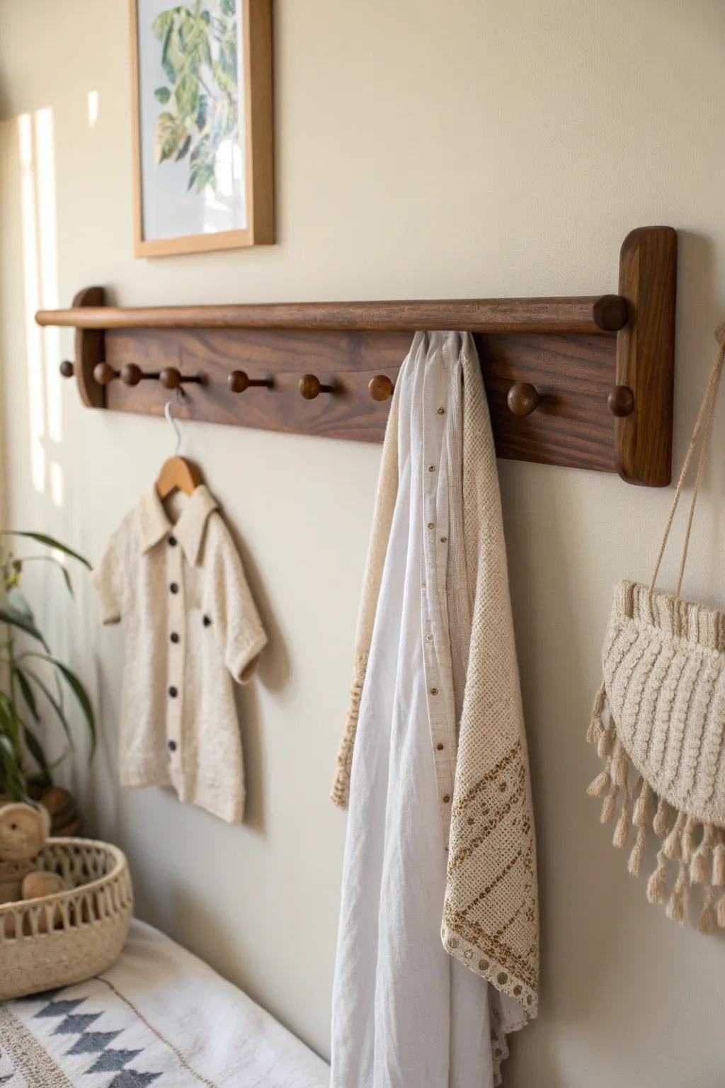 Stained hardwood peg rail keeps baby essentials tidy—rustic warmth with minimalist calm.