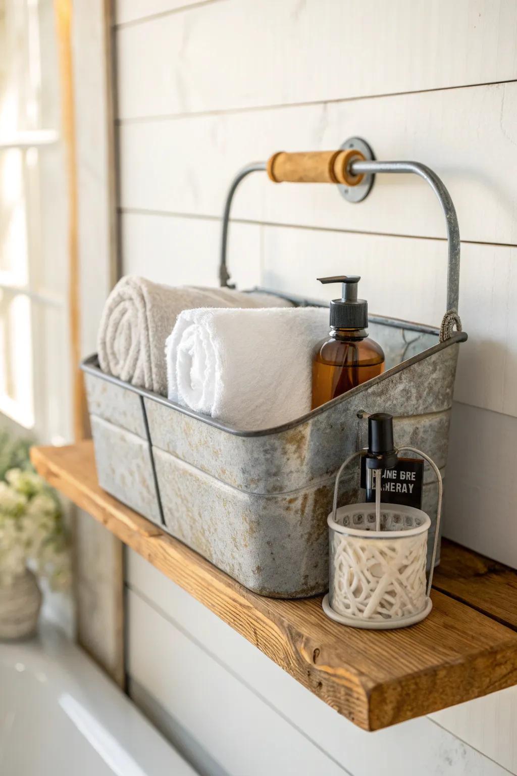 Aged galvanized wall caddy + warm wood = rustic bathroom charm for towels and toiletries.