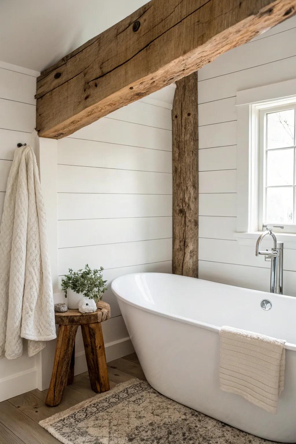 Bright shiplap corner tub with warm faux beams—modern rustic calm with beautiful wood texture.