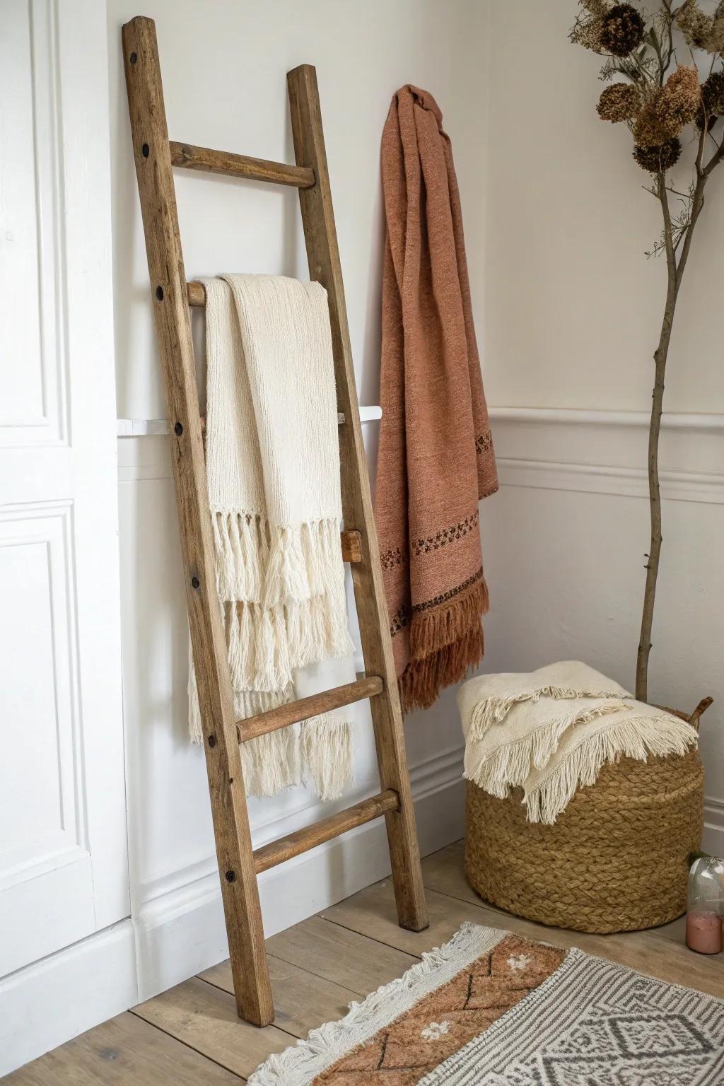 A rustic wood ladder rack styled with two throws—his and hers—simple, cozy, and beautiful.